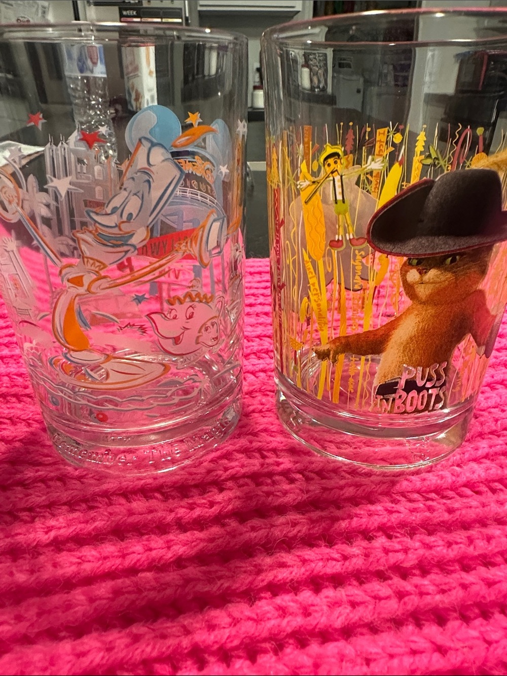 Disney Clear Glass Tumblers with Puss in Boots and Genie Graphics - Pink Accents